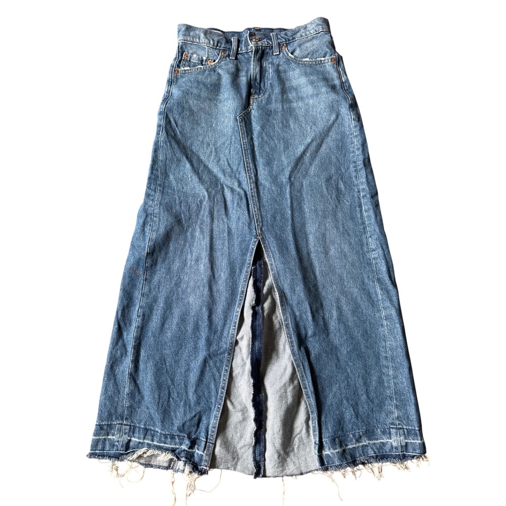 Gap 1969 Denim Maxi Skirt 26 2P Medium Wash Frayed Raw Hem Front Slit Long Skirt